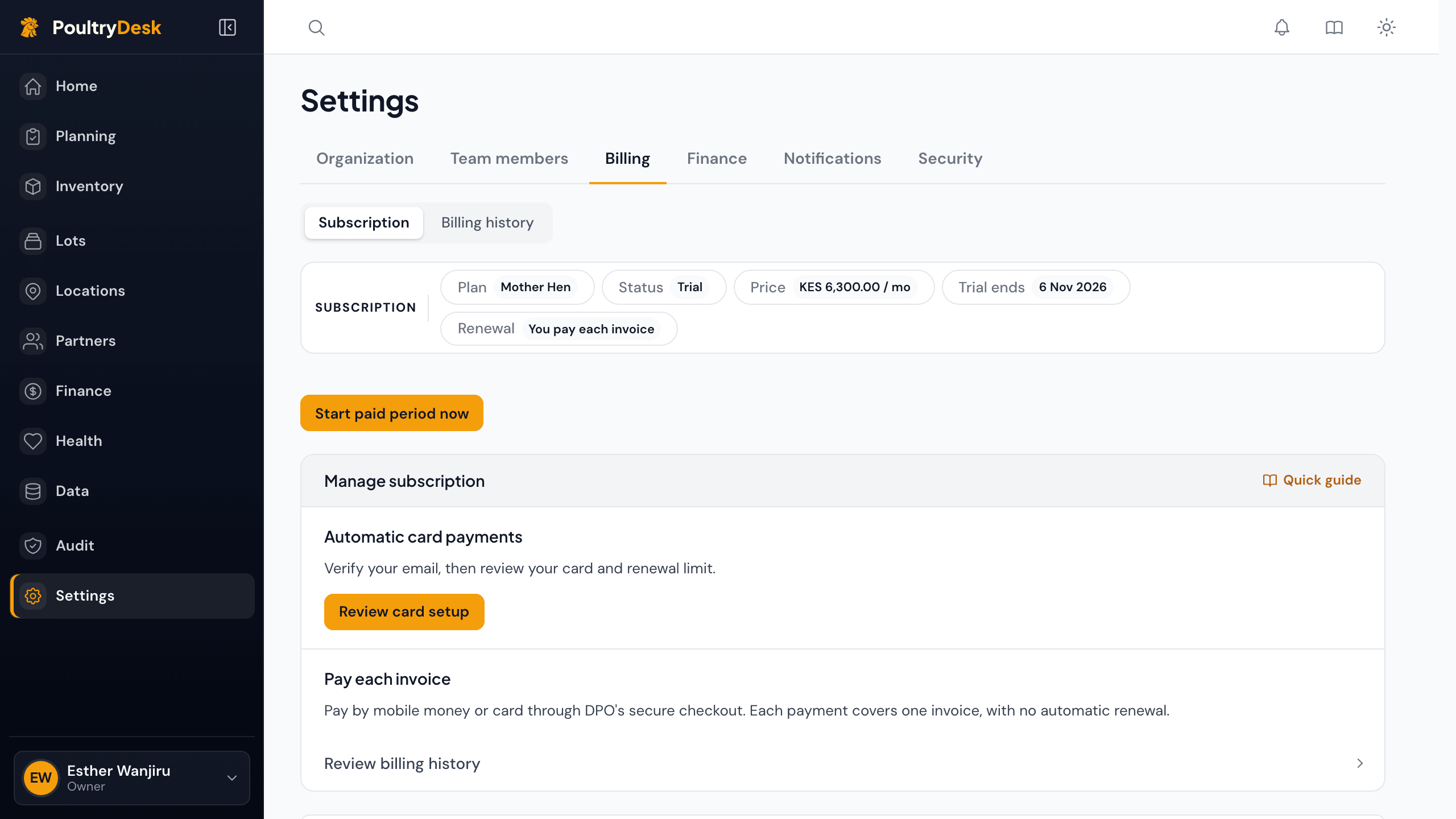 Settings, Billing, Subscription during a trial: the plan, its KES price, the trial end date and Start paid period now.