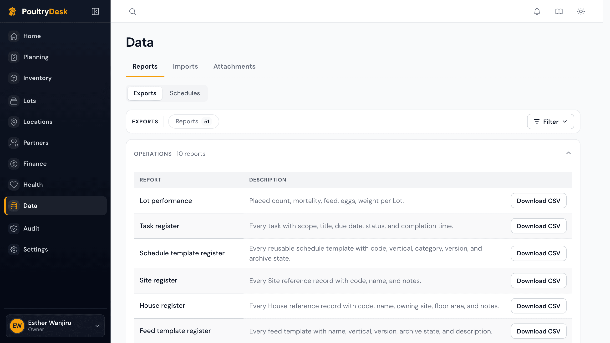 The Exports catalogue with each report's description and a Download CSV button.