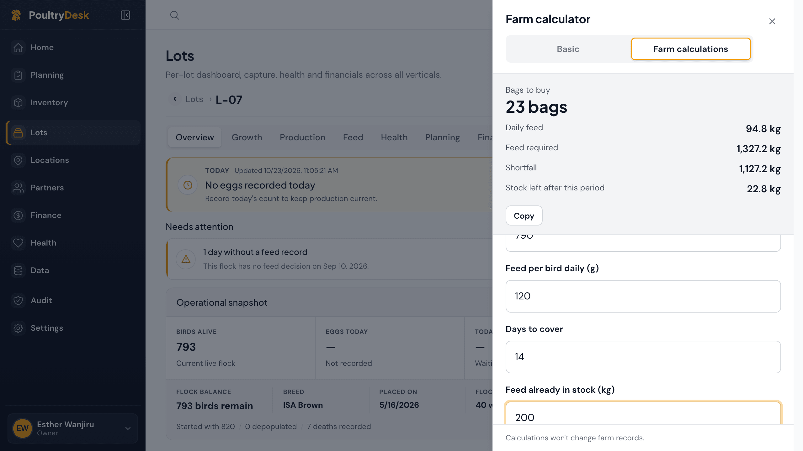 Farm calculations answering How many feed bags should I buy? for 790 birds at 120 g a day over 14 days with 200 kg in stock: 23 bags, with daily feed, shortfall and stock left below.