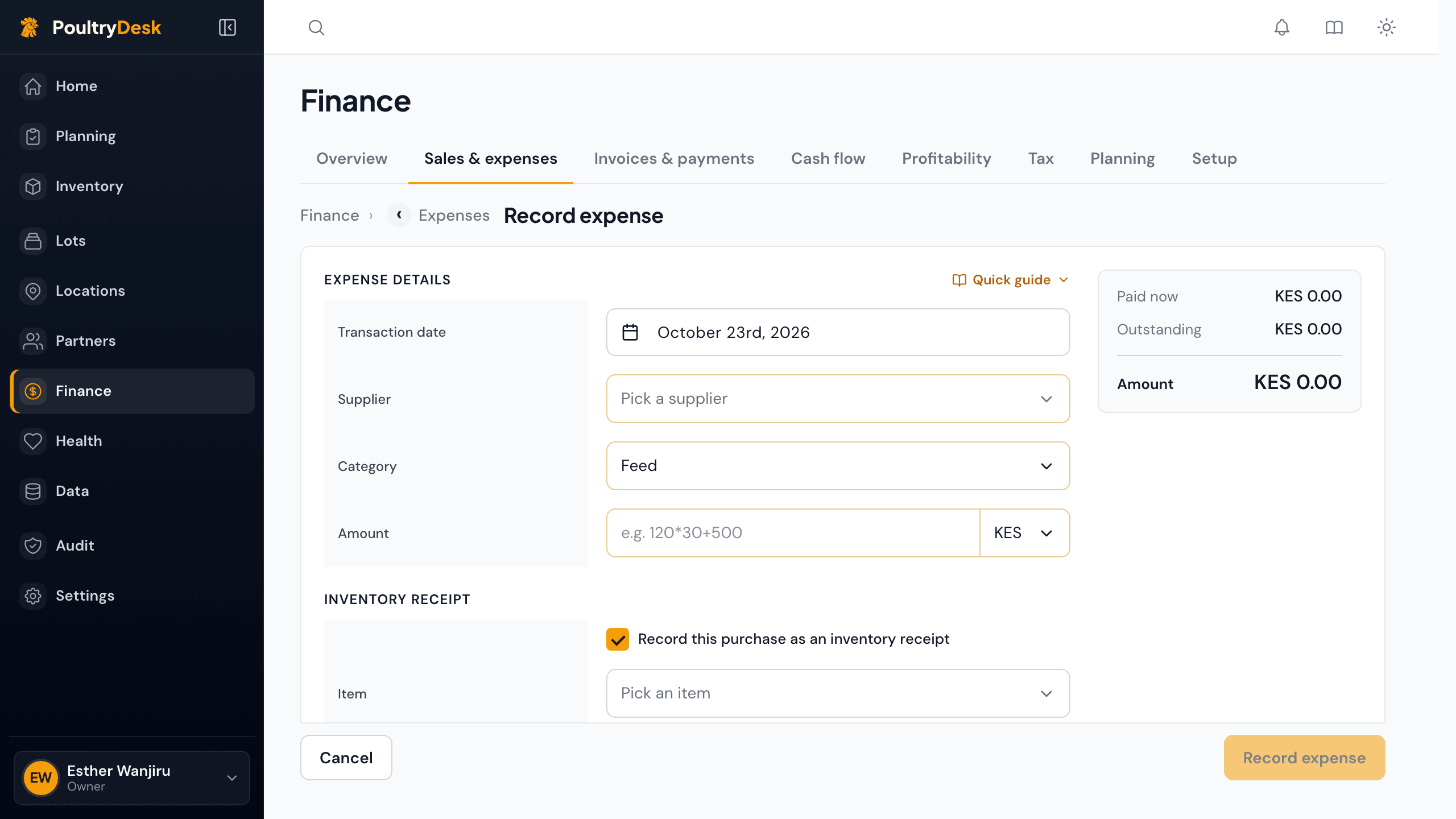 The Record expense form: date, supplier, category, amount, and the option to record the purchase as an inventory receipt.