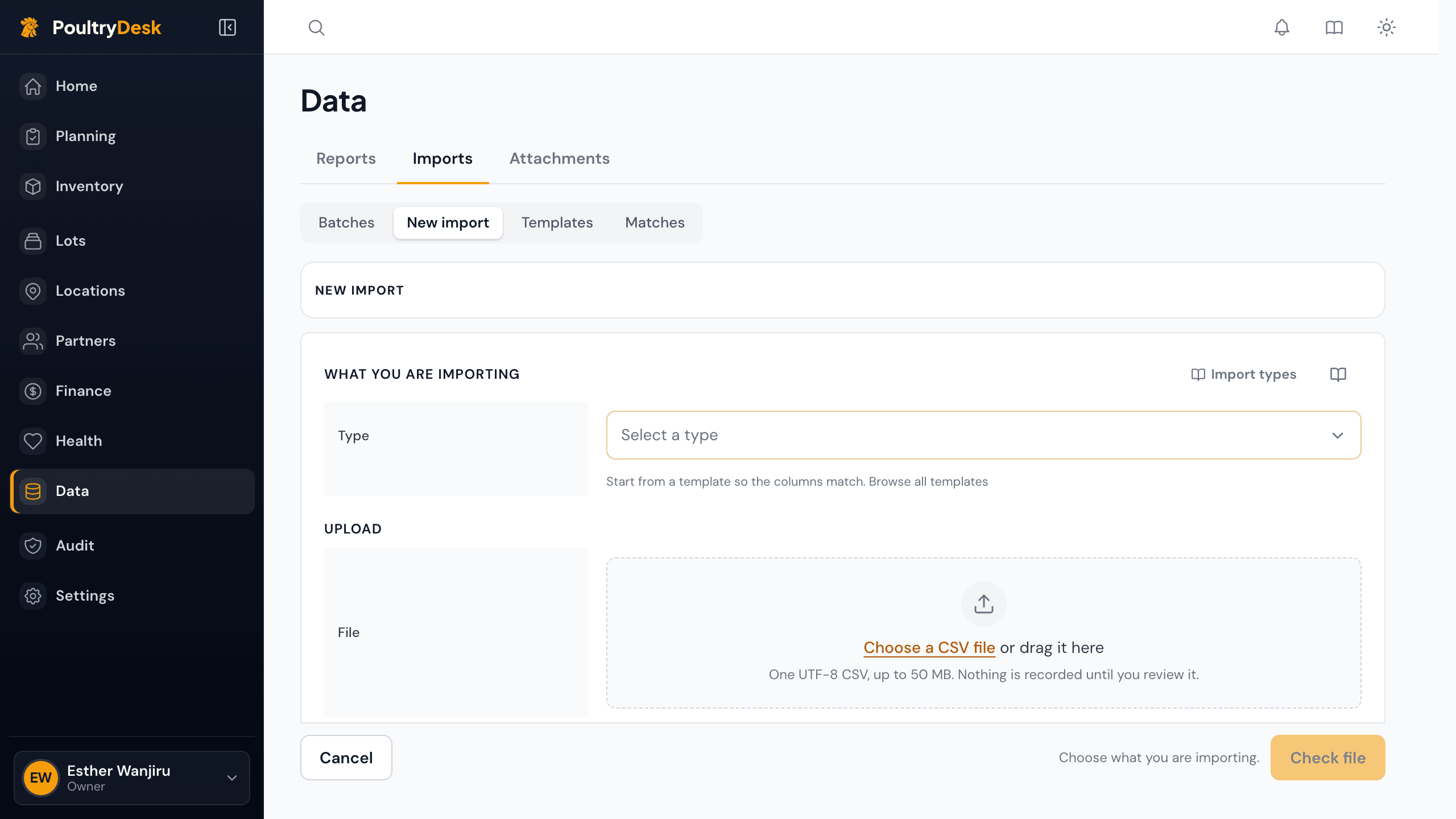 The New import screen: choose what you are importing, then upload a CSV file.