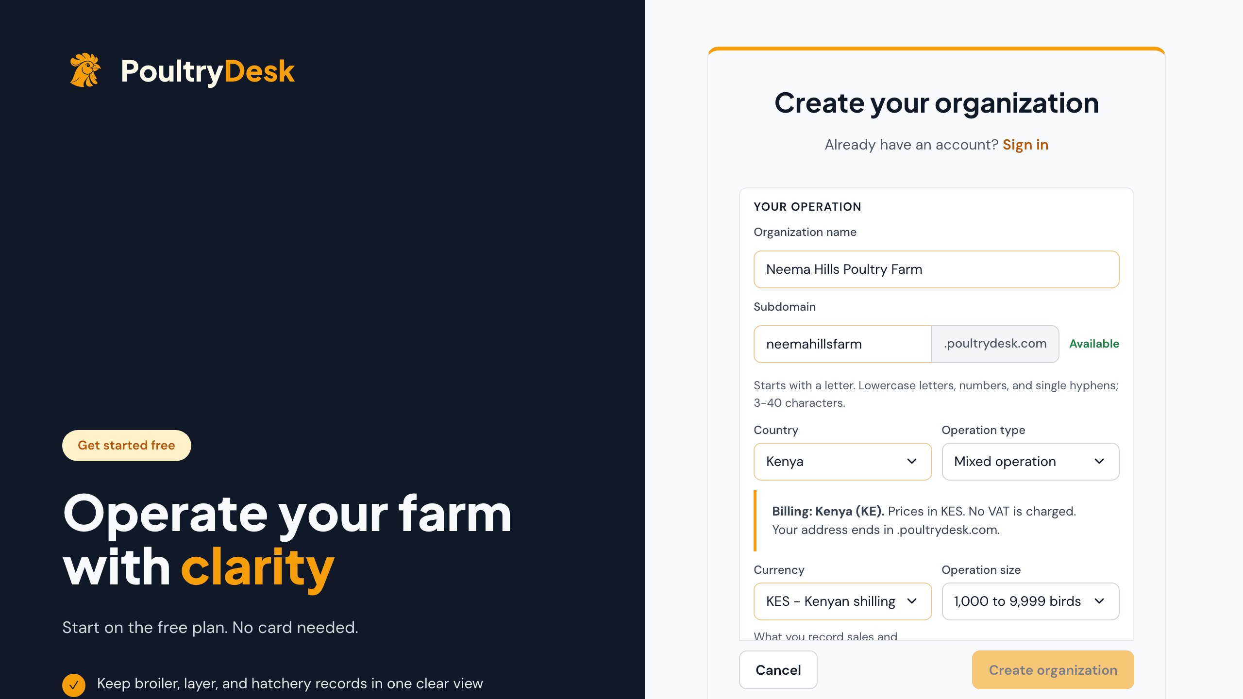 The Create your organization form filled in for Neema Hills Poultry Farm: organization name, subdomain, Kenya as the country with prices in KES, operation type and size.
